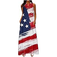 4th of July Patriotic Dress for Women American Flag Stars Stripes Print Long Maxi Dress Notch V Neck Sleeveless Pocket Dress