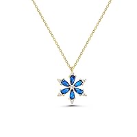 14K Real Gold Sapphire Pendant, Dainty initial Flower Necklace, Minimalist Gold Sapphire Necklace