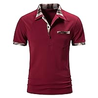 Golf Polo Shirts for Men Plaid Collar Slim Fit Short Sleeve T Shirt Casual Lapel Fashion Solid Tops with Chest Pocket