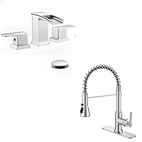 Kitchen Faucet and Bathroom Faucet Set, 3 Functions Pull Down Wet Bar Sink Faucet 1 or 3 Hole, Brass Waterfall Bathroom Faucet Bathroom Faucets 1 Hole or 3 Holes, Chrome
