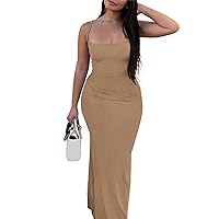 Adogirl Women's Sexy Summer Slip Dress Spagetti Strap Ribbed Stretch Vacation Beach Bodycon Fishtail Long Maxi Sundress