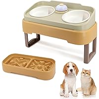 Elevated Cat Dog Food Water Bowl - Raised Cat Dog Bowls with Stand Non Skid - Double Cat Dog Feeding Bowl Set with Splash Proof Guard - Slow Feeder Bowls for Cats and Small Dogs (JK8222-Beige)