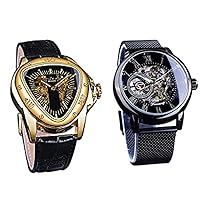Winner Fashion Mechanical Wrist Watch Triangle Racing Dial, Waterproof Golden Skeleton Dial Automatic Movement Leather Design Mechanical Watch for Men