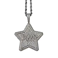 Custom Star Men Women 925 Italy White Gold Finish Iced Silver Charm Ice Out Pendant Stainless Steel Real 3 mm Rope Chain, Mans Jewelry, Iced Pendant, Rope Necklace 16