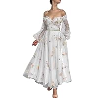 Maxianever Tulle Prom Dresses Tea Length Puffy Sleeves Flower Embroidery Off Shoulder Formal Evening Gowns for Women