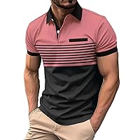 Mens Slim Fit Casual Polos Shirts Stitching Stripe Contrast Color Golf Tennis T-Shirt Short Sleeve Collared Gym Workout Shirt