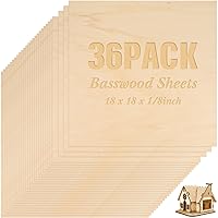 36 Pack Basswood Sheets Plywood Board 1/8 Inch Unfinished Wood Boards for Crafts for DIY Laser Projects Architectural Model Making Mini House Building Hobby Wood Burning (18 x 18 x 1/8 Inch)
