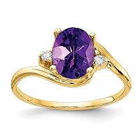 Solid 14k Yellow Gold 8x6mm Oval Amethyst Purple February Gemstone Checker Diamond Engagement Ring (.034 cttw.)