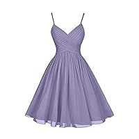 Short Chiffon Bridesmaid Dresses A-Line Knee Length Spaghetti Strap V-Neck Party Dress with Pockets U001