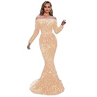 Women's Off The Shoulder Mermaid Prom Party Dresses with Long Sleeves Glitter Sequin Evening Gown