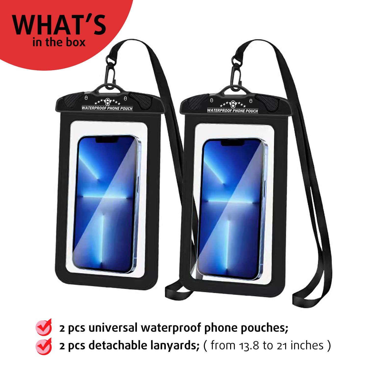 Waterproof Phone Pouch 2 Pack, 100% Waterproof Large Phone Dry Bag for iPhone 14 Pro Max, 13 Pro Max, Samsung Galaxy S23 Ultra, Google Pixel 6 Pixel and Other Phones Black