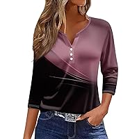 3/4 Length Sleeve Womens Tops Relaxed Fit V Neck Tshirts Button Down Printed Clothes Fashion Henley Shirts