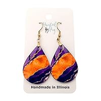 Purple Orange Earrings for Women Dangle Teardrop Gift for Mom Grandma Gameday Accessories Handmade from The Painted Pug Double Side Image (Lg Purple Orange Teardrop)