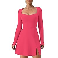 Women's Long Sleeve Sweetheart Neckline Mini Dress with Side Slit - Sexy Bodice and Flare Dress Perfect for Fall (Rosepink,S)
