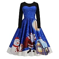 Christmas Dress for Women 1950s Vintage Xmas Print Long Sleeve Round Neck Midi Dress Swing Pleated Evening Prom Dress