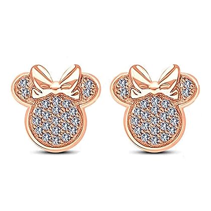 Cubic Zirconia Womens Girls Mickey Minnie Mouse Stud Earrings 925 Sterling Silver 14k Rose Gold Plated (Push Back)