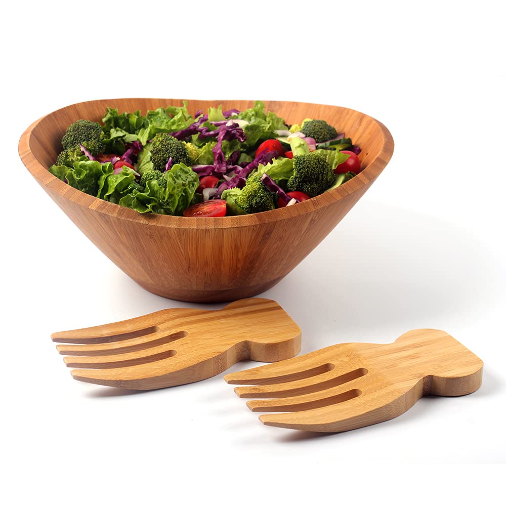 Wood Salad Bowl, Serving Bowls with 2 Salad Hands, Large Mixing Bowl for Fruits, Salad, Cereal or Pasta, 11.8" Diameter x 4.7" Height
