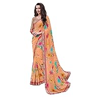 Orange Floral Printed Indian Women Fancy Weightless Satin Saree Blouse Cocktail Party Fancy Sari 2111