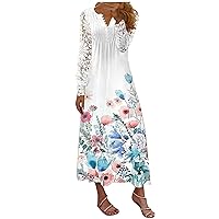 Maxi Dresses for Women Summer Elegant Floral Lace Long Sleeve Button Down Smocked Plus Size Casual Flowy Boho Dress