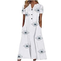 Women's Boho Floral Print Maxi Dress Casual V Neck Button T Shirt Dress Short Sleeve Flowy Dress Loose Dress with Pockets