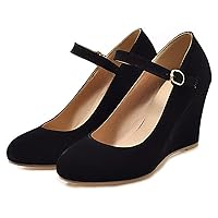 Women Faux Suede Mary Jane Wedge Shoes High Heels Buckle Strap Pumps Ladies Round Toe Party Dress Shoes