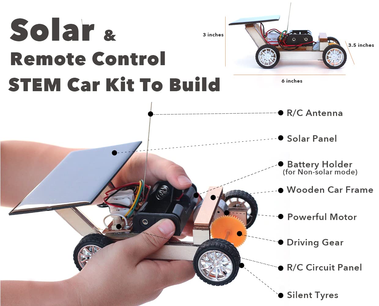 Pica Toys Solar-Powered Car V1, Wooden STEM Kit with Wireless Remote Control for Boys and Girls, Hybrid Powered by Solar Power and Batteries, Educational Motor Toy Gift for Kids Aged 8-12