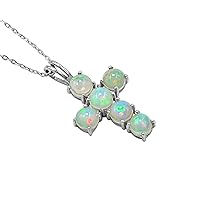 Natural Ethiopian Welo Opal 5 MM Round Gemstone 925 Sterling Silver Cross Pendant Necklace Opal Jewelry Birthday Gift For Wife(PD-8307)