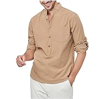 Mens Button Down Shirt Linen Cotton Shirts Casual Roll Up Sleeve Spread Collar Lightweight Beach Plain Tops 2024