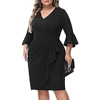 Hanna Nikole Bell 3/4 Sleeves Plus Size Solid Ruched Dress Plus Size Bodycon Business Pencil Dress for Women Black 18W