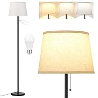 Floor Lamps for Living Room - 3 Color Temp(3000/4000/5000K) Standing Lamp with Pull Chain Switch, Black Floor Lamp with Lampshade, Modern Tall Light for Bedroom Office(9W Bulb Included)
