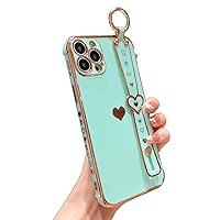 Designed for iPhone 14 Pro Max Case Cute with Strap, Luxury Love Heart Plating Case Side Edge Small Love Pattern for Women Girls Wristband Stand Slim Soft TPU Cover Full Body Camera Case, Teal