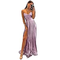Women Sparkly Strapless Metallic Prom Dress Sexy A-Line Split Ruched Floor Length Formal Evening Satin Ball Gown