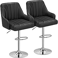 VECELO Bar Stools Set of 2, Adjustable Barstools, Counter Height Stools with Back and Arm, Kitchen Island Stools, Swivel PU Chairs for Pub, Dining Room, Modern Style, Black