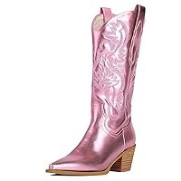 Women's Cowgirl Boots Metallic Cowboy Boots Chunky Block Heel Western Boots Ladies Vintage Wide-calf Boot
