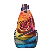 Rainbow Rose Flower Print Sling Backpack Travel Sling Bag Casual Chest Bag Hiking Daypack Crossbody Bag For Men Women