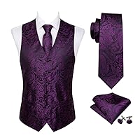 Men Silk Purple Paisley Vest Formal Business Wedding Jacket Suit Waistcoat Tie Hanky Cufflinks Set
