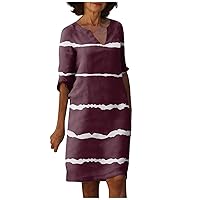 Ruched Dresses for Women, Satin Dress Cotton Dress V-Neck Dress Women's Summer Short Sleeve Trendy Solid Color 2024 Lace Splicing Womens Cotton Linen Loose Trendy Dress Womens (Wine,3X-Large)