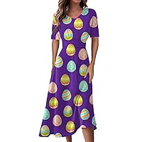 Party Dress for Women V Neck Easter Prints Long Dress Trendy Dressy Summer Short Sleeve Casual Dress S-2X
