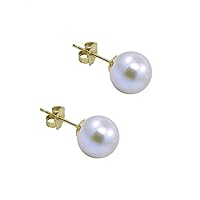 14K Gold White Round Freshwater Cultured Pearl Stud Earrings - AAA Quality