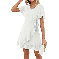 NIASHOT Summer Dresses for Women Wrap V Neck Swiss Dot Ruffle Mini Dress