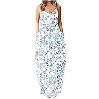Womens Plus Size Dress Sleeveless 2024 Trendy Ladies Floral Tank Sundress Beach Summer Maxi Dresses with Pockets
