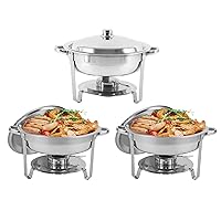 Restlrious Chafing Dish Buffet Set 3 Pack Round Stainless Steel Chafers and Buffet Warmers Sets Full Size w/Water Pan, Food Pan, Fuel Holder and Lid 5 QT, for Catering Party Event Serving