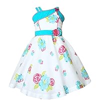 Little Girls Floral Party Dress in Turquoise and White Shoulder Straps and Tulle