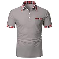 Men's Plaid Collar Polo Shirts Casual Short Sleeve Button Down Slim Fit Dress Shirt Work Office Blouse