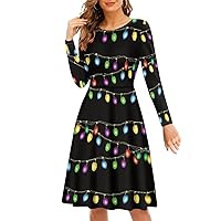Black Xmas Dresses for Women Size 3XL Black Xmas Colored Light Bar Print Jumpskirt Long Sleeves Breathable Swing Skater Casual Holiday Womendress for Wedding Guest