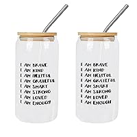 2 Pack Glass with Bamboo Lid And Straw I Am Brave,I Am Kind,I Am Helpful,I Am Grateful,I Am Smart,I Am Strong Glass Cup Glass for Mother Day Cups For Juice Coffee Soda Drinks