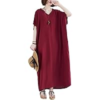Flygo Women's Batwing Short Sleeve Maxi Dress Long Shirt Dresses Oversized Sleep Loungewear (One Size, Wine Red)