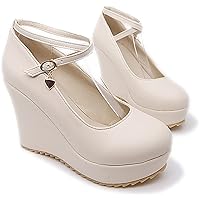 Womens Mary Jane Oxford Wedge Heels Pumps Shoes for Women Round Toe Ankle Buckle Oxfords Pump Shoe