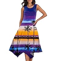 Womens Sun Dresses 2024 Summer Round Neck Sleeveless Hawaiian Print Irregular Hem Midi Dresses