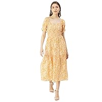 Printed Viscose Rayon Summer Dress, Square Neck Smocked Long Dress